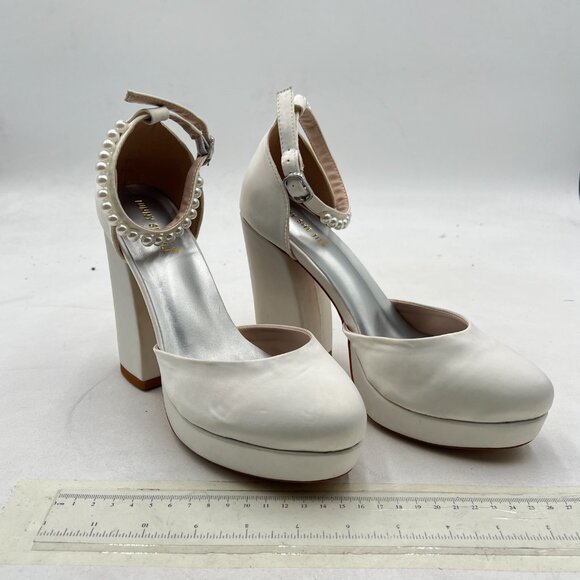 White Women's Pearls Ankle Strap Block Heels Platform Closed Toe Evening Shoes - Picture 3 of 7